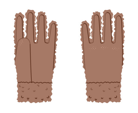 Fluffy Gloves Mocha Mousse cartoon Fashion hand accessory clothing technical illustration garment. Vector front back for Men, women, unisex style flat template CAD mockup sketch on white backgroundのイラスト素材