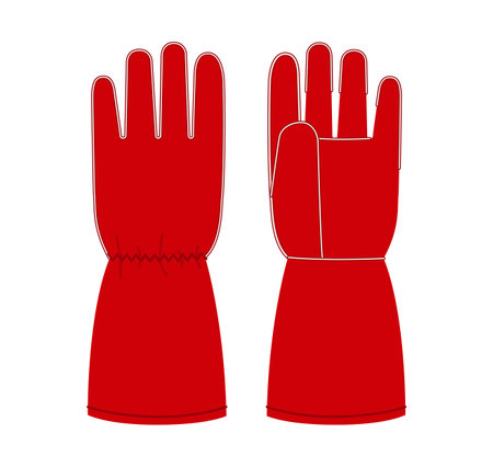 Welding Gloves Working hand accessory clothing red cartoon technical illustration garment. Vector front palm back view for Men, women, unisex style flat template CAD sketch outline on white backgroundのイラスト素材