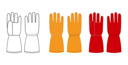 Set of Welding Gloves Working hand accessory orange red cartoon and flat mockup sketch clothing technical illustration garment. Vector for Men, women, unisex template CAD outline on white backgroundのイラスト素材
