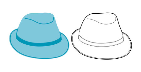 Fedora Hat with band. Head Fashion accessory cap with narrow brim clothing technical illustration. Vector headgear for Men, women, unisex style, flat template CAD mockup sketch outline isolatedのイラスト素材