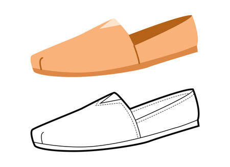 Beige espadrille flat shoe women flat plus line set. Minimal slip on canvas footwear for lifestyle branding design project. Technical fashion illustration CAD mockup mixed vector man unisex isolatedのイラスト素材