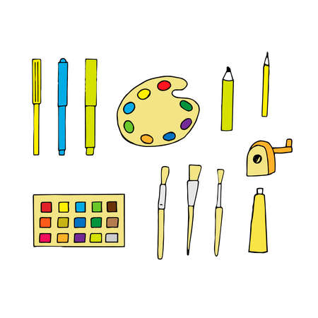 Set drawing, vector illustration, paint, palette, brushes, markers, pencil, sharpener, hand drawingのイラスト素材