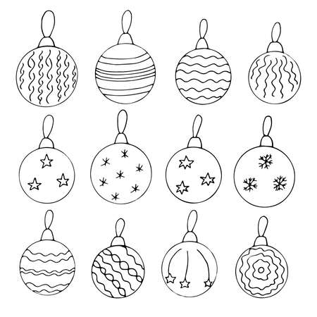 Set of Christmas balls with ornaments vector illustration hand drawingのイラスト素材