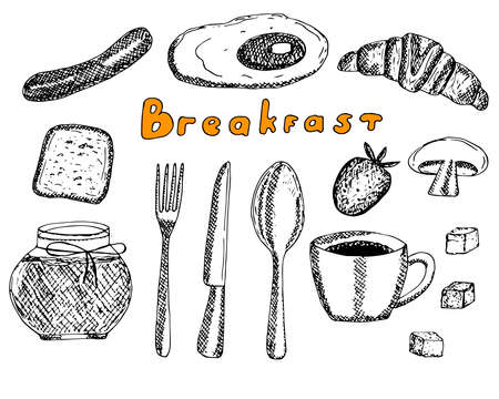 Hot Breakfast set vector illustration hand drawing sketch scrambled eggs sausage toast champignon coffee croissant strawberry jam sugar fork knife and spoonのイラスト素材