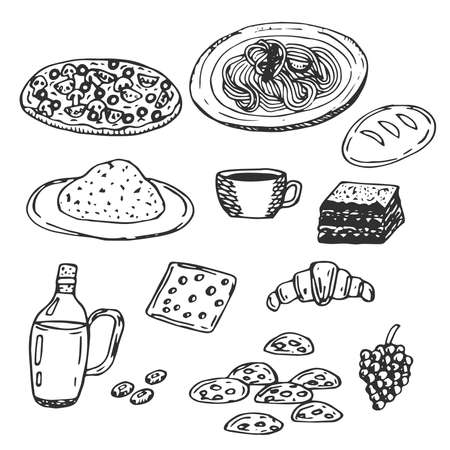 Set of Italian cuisine vector illustration pizza pasta risotto coffee tiramisu bread olive oil olives cheese croissant biscotti grapes hand drawingのイラスト素材