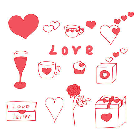 Set of love hearts love drinks music letter gift vector illustration hand drawing red and pinkのイラスト素材