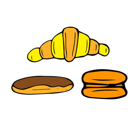 Set of traditional French pastries vector illustration croissant baguette Eclair macaroon hand drawingのイラスト素材