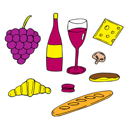 Set of traditional French food vector illustration croissant baguette Eclair macaroon cheese champignon wine grapes hand drawing, coloredのイラスト素材