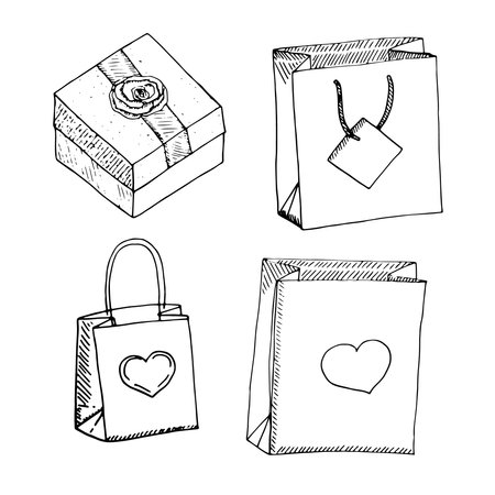 Set for Valentine's day gifts in boxes and bags vector illustration hand drawingのイラスト素材