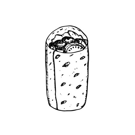 Fast food vector illustration meat roll sketch white on blackのイラスト素材