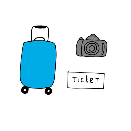 Travel set vector illustration blue suitcase camera and ticket sketchのイラスト素材