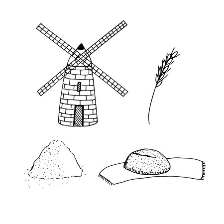 Set of flour mill and pastry wheat ear flour bread on a napkin hand drawnのイラスト素材