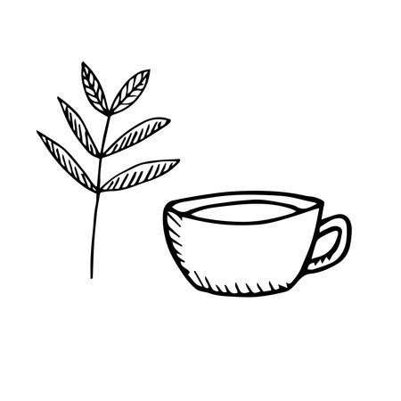 Tea set cup and leaves vector illustration hand drawing sketchのイラスト素材