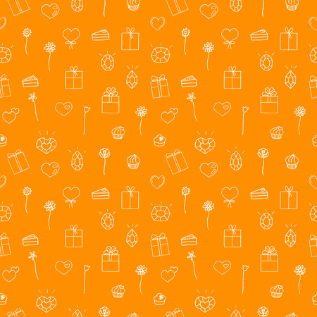 Seamless pattern of holiday greetings and gifts gift boxes hearts crystals flowers and cakes vector doodle illustration orange and whiteのイラスト素材