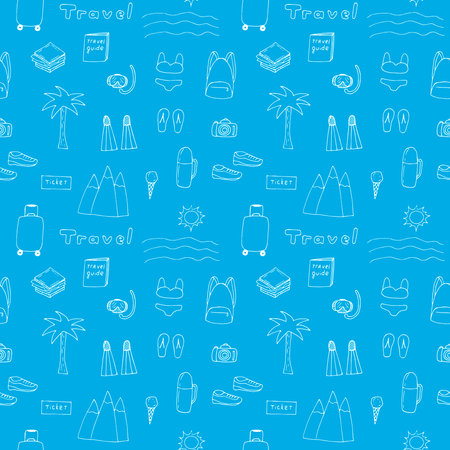Seamless travel pattern things for travel vector illustration hand drawing blueのイラスト素材
