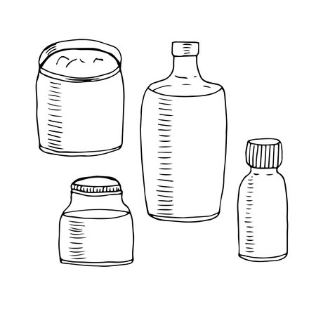 Set of jars and bottles for home made cosmetics vector doodle illustration sketchのイラスト素材