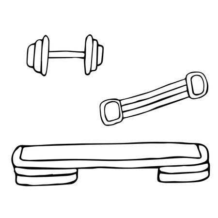 Home fitness set vector doodle illustration dumbbell expander and step platformのイラスト素材