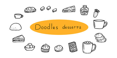 Doodle set food desserts vector illustration hand drawingのイラスト素材
