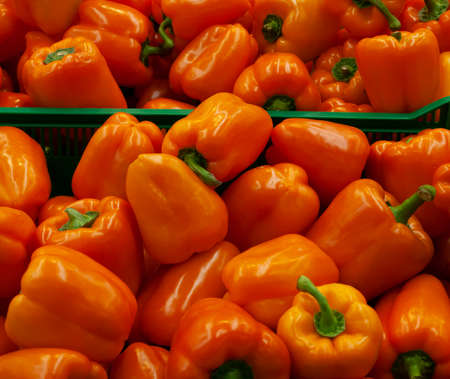 Background of orange bell peppers in the grocery storeの写真素材