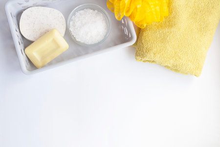 Home spa beauty products on a white background flat lay copy space