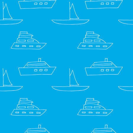 Seamless pattern boats, vector illustration, hand drawn, blue and whiteのイラスト素材