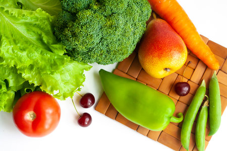 Vegetables and fruits on a table flat lay