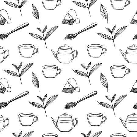 Seamless tea pattern vector illustration hand drawingのイラスト素材