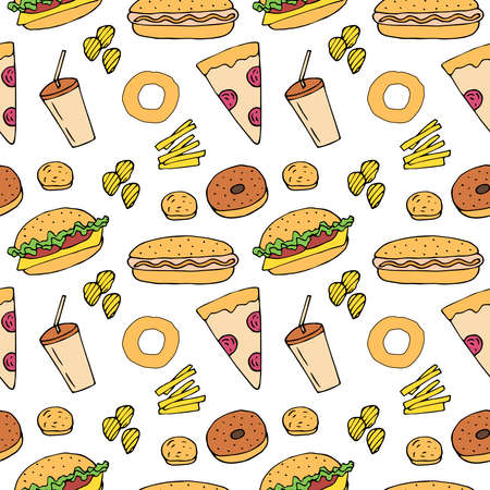 Fast food seamless pattern vector illustration, hand drawing doodles coloredのイラスト素材