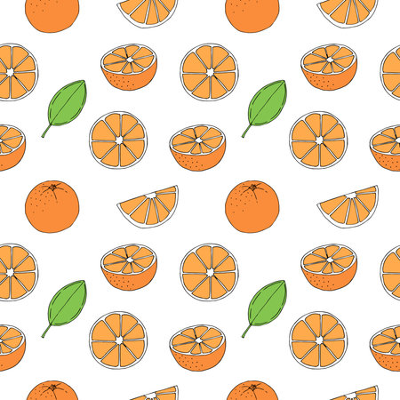 Orange seamless pattern vector illustration, hand drawing colored sketch