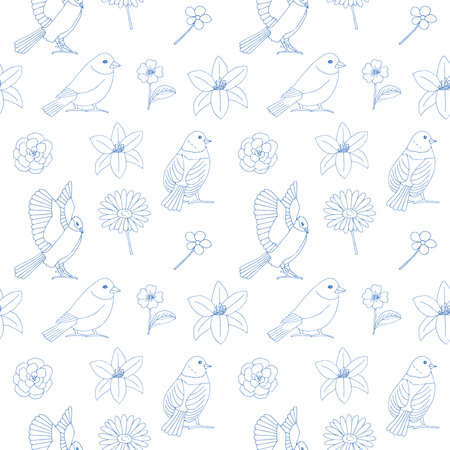 Bird and flowers seamless pattern vector illustration, hand drawing sketchのイラスト素材