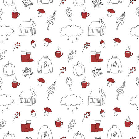 Autumn seamless pattern vector illustration, hand drawing red and outline doodlesのイラスト素材