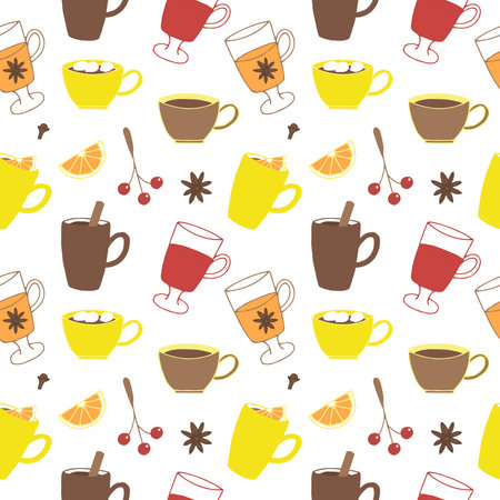 Autumn and winter cozy drinks seamless pattern vector illustration, hand drawingのイラスト素材