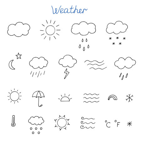 Weather set vector illustration, hand drawing doodlesのイラスト素材