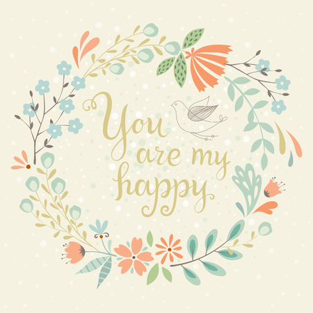 Romantic card with floral wreath and bird. Also good for greeting cards, birthday invitations, posters and many others floral designs.のイラスト素材