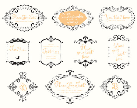 Vector calligraphic frames and vintage design elements. Use for vintage wedding invitations, royal certificates, greeting cards, menus, covers and posters.のイラスト素材