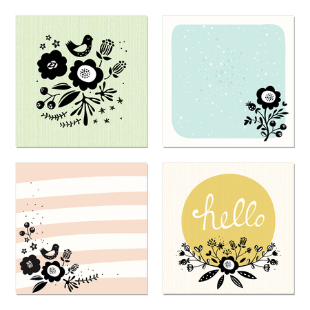 Set of 4 scandinavian floral cards. Good for wedding cards and invitations, anniversary, birthday, party invitations, art posters, greeting cards and invites, journaling cards, planners, diaries, notes and scrapbooking. Vector illustration.のイラスト素材