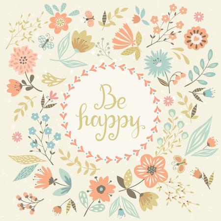 Vector floral card. Handwritten lettering in round frame.のイラスト素材