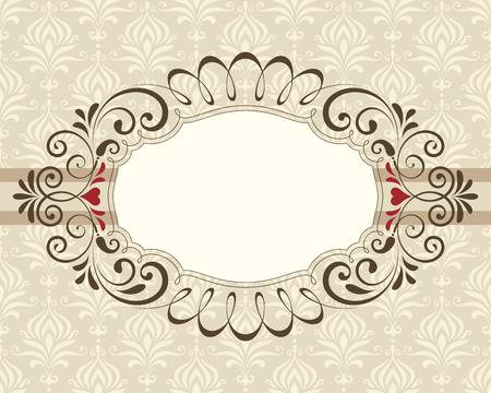 Valentines swirl ornate frame, banner. Damask seamless background.のイラスト素材