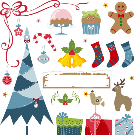 Vector Christmas elements - christmas tree, gifts, stockings, bells, candy cane, gingerbread man, cake, christmas ornaments, frame, stars, holly berry, bird and deer.のイラスト素材