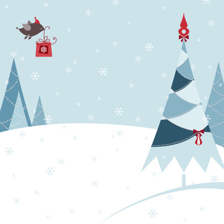 Retro Christmas design with christmas tree, snowflakes, bird and gift box.のイラスト素材