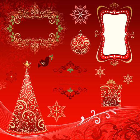 Ornate Christmas elements with frames, Christmas tree, Christmas ball, gift box, snowflakes and scrolls. Vector illustration.のイラスト素材