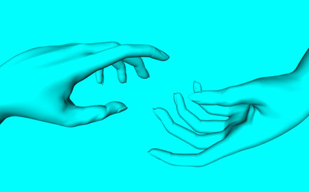 Arm. Female hands stretch to each other. Plain picture. Blue background. handshake. Body parts....
