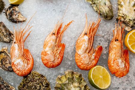 Seafood  with oysters, shrimp, ice crash . Restaurant menu. top view overhead view   の写真素材