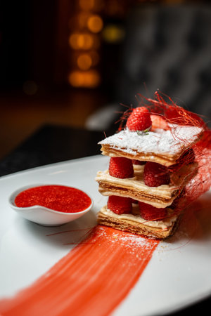 Dessert decorated with raspberries on a white plate with lights in the background