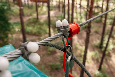 Rope park. System for attaching cables to trees close-up
