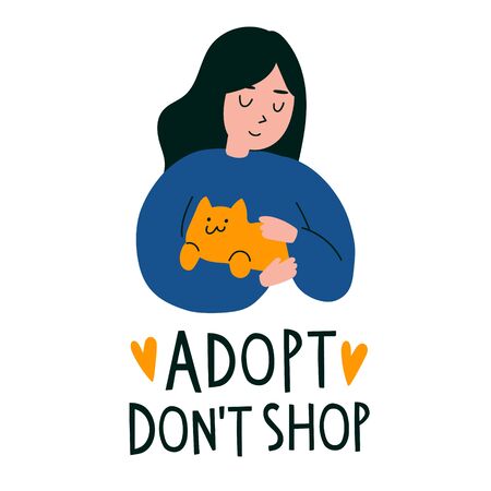 Cute cartoon vector illustration with girl and small cat. Happy female character animals owner holding a cat. Text lettering "Adopt, don't shop". Pet adoption concept for design, banner, blog, posterのイラスト素材