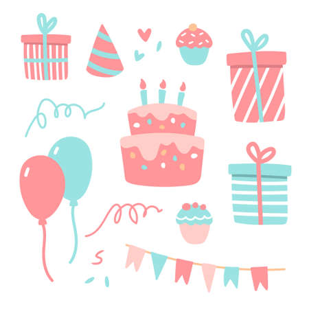 Vector illustration of happy birthday set. Party elements, balloons, cake and capcakes, gift box, party hat, flags. Cute hand drawn artwork in doodle style. For greeting card, design, print, posterのイラスト素材