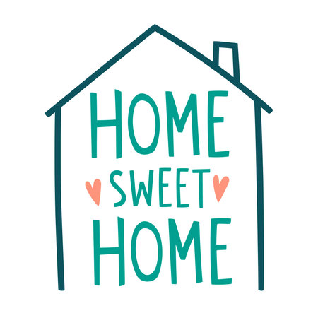 Vector illustration of sweet home concept. Cute cartoon text lettering home, sweet home with hearts and nice house roof. Calm and cozy home concept. For design, print, poster