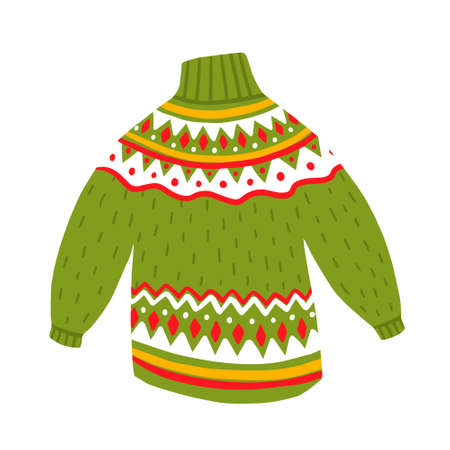 Warm vector cute sweater. Green and red winter holiday christmas clothes. Swearshirt with yellow and white ornament. For concept, design, postcards and invitationのイラスト素材