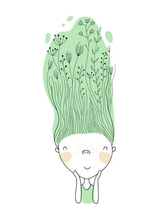 Summer spring girl illustration sketch isolated on white background. Hand drown vector art. Cute kawaii girl with big head and green hair. Sketch girl character for design, postcard and conceptのイラスト素材